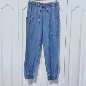 Indigo Rein-Small Denim Joggers-Drawstring Cargo Blue Jeans-Lightweight Distress